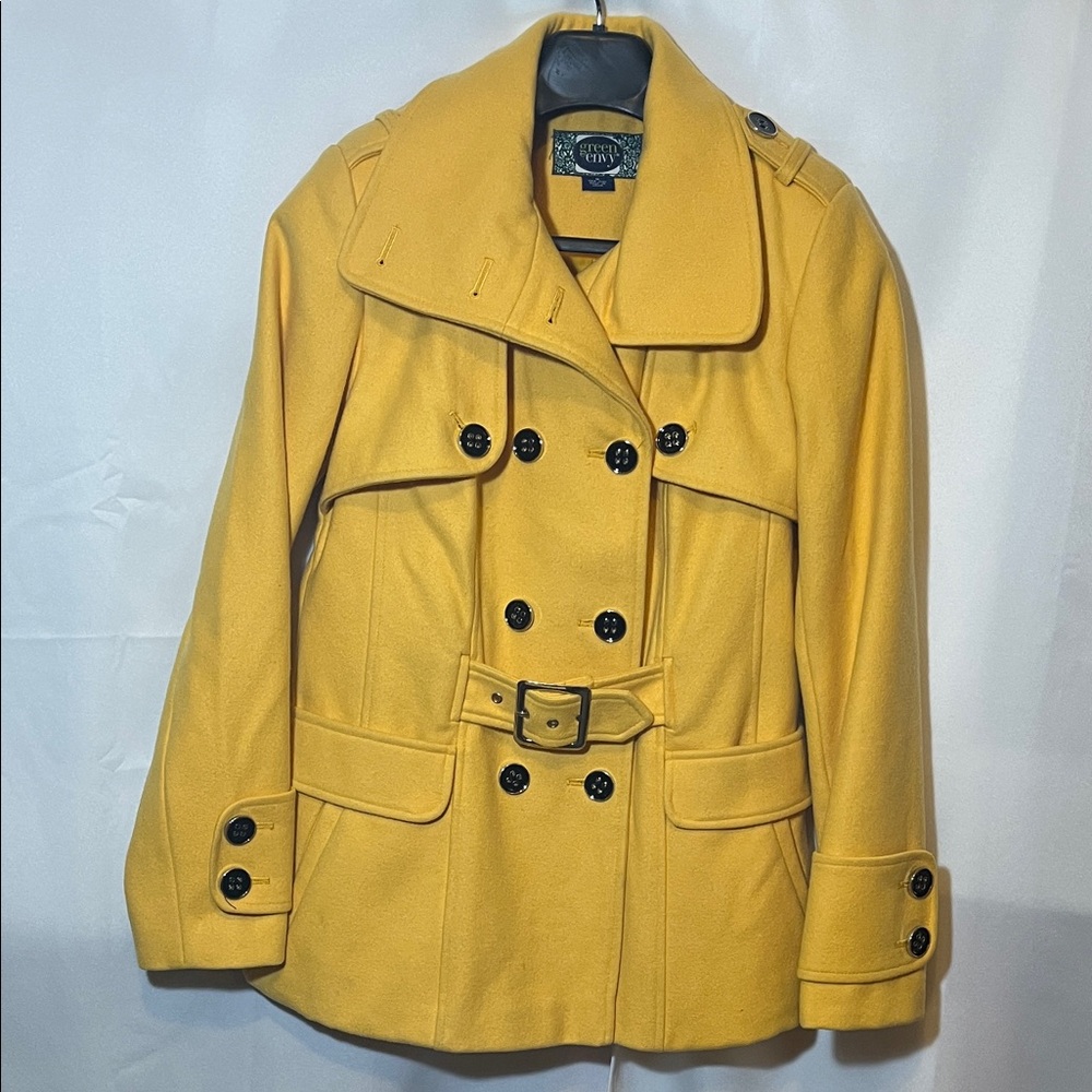 Green Envy Mustard Double-Breasted Trench Coat